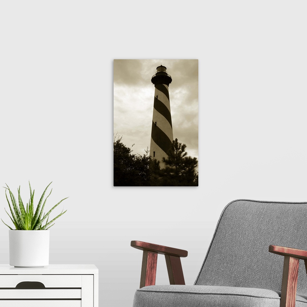 A modern room featuring Hatteras Island Lighthouse