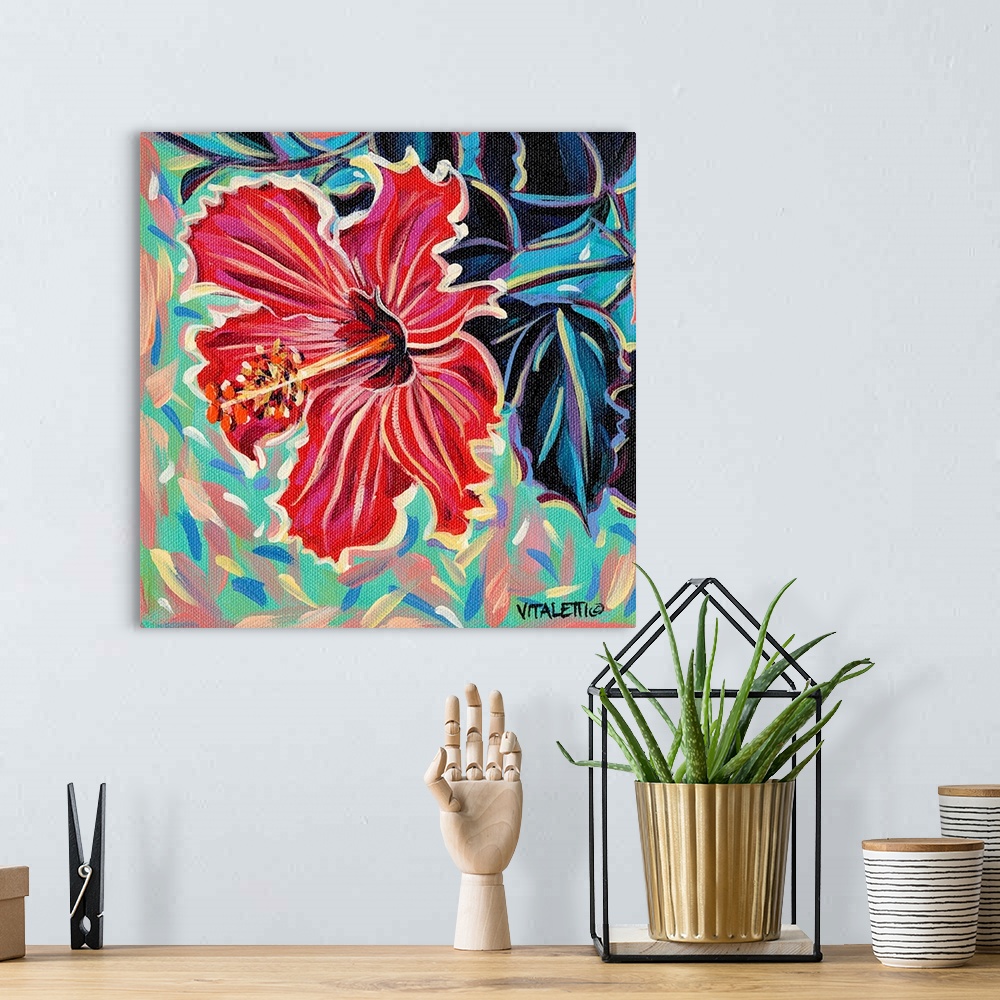 A bohemian room featuring Square painting of a red tropical hibiscus flower on an abstract background made with pastel colors.