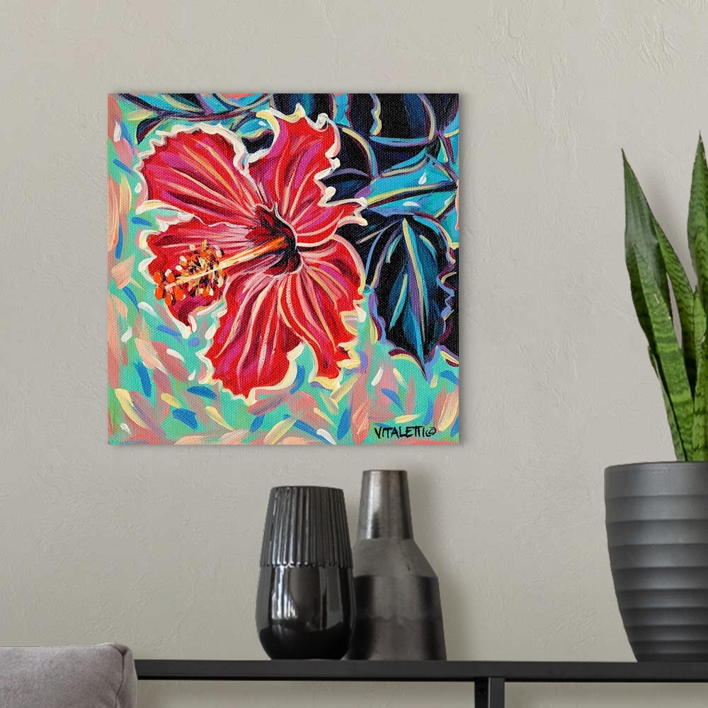 A modern room featuring Square painting of a red tropical hibiscus flower on an abstract background made with pastel colors.