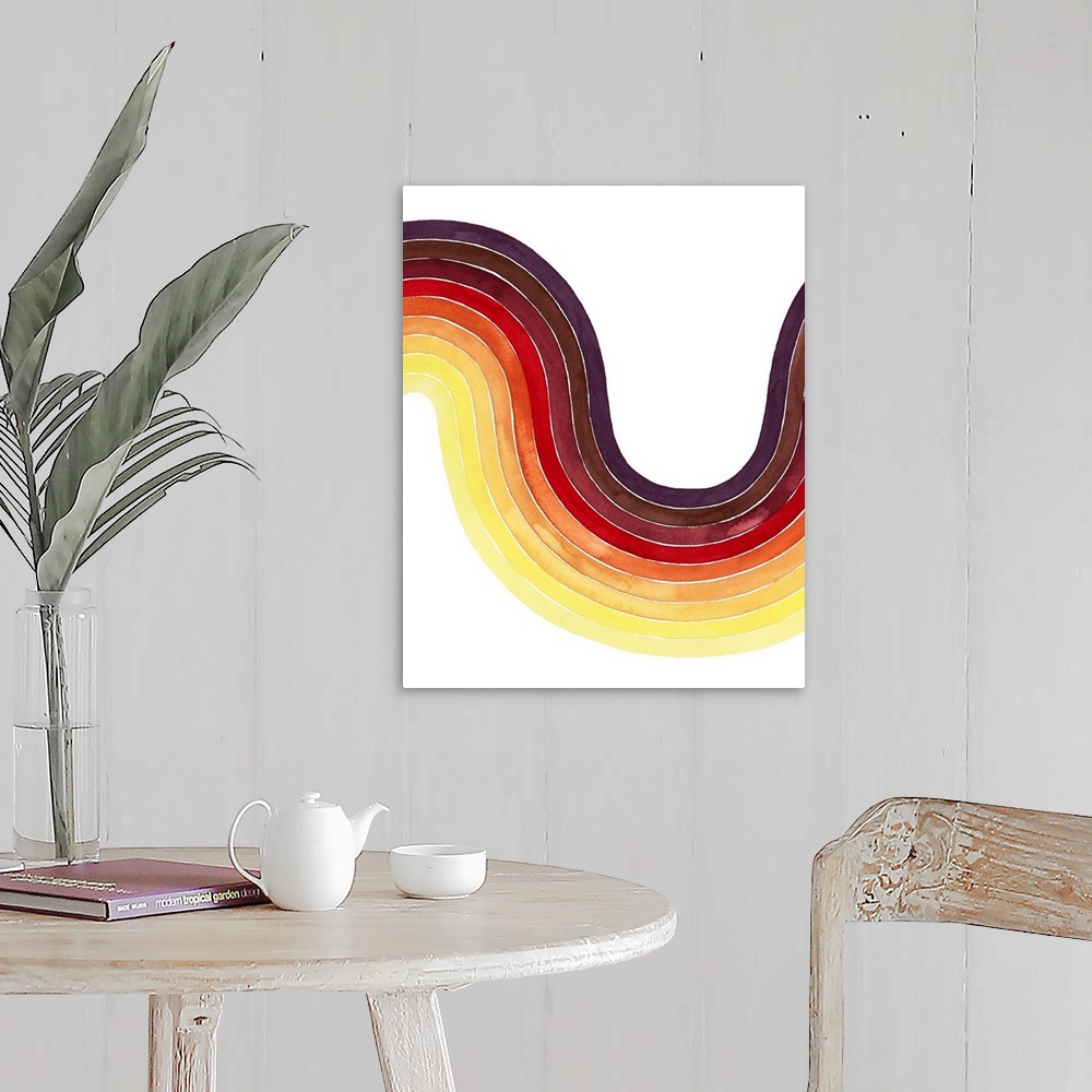 A farmhouse room featuring Contemporary abstract watercolor painting of a curved shaped in warm tones from eggplant to daffo...