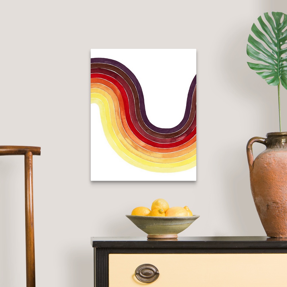A traditional room featuring Contemporary abstract watercolor painting of a curved shaped in warm tones from eggplant to daffo...