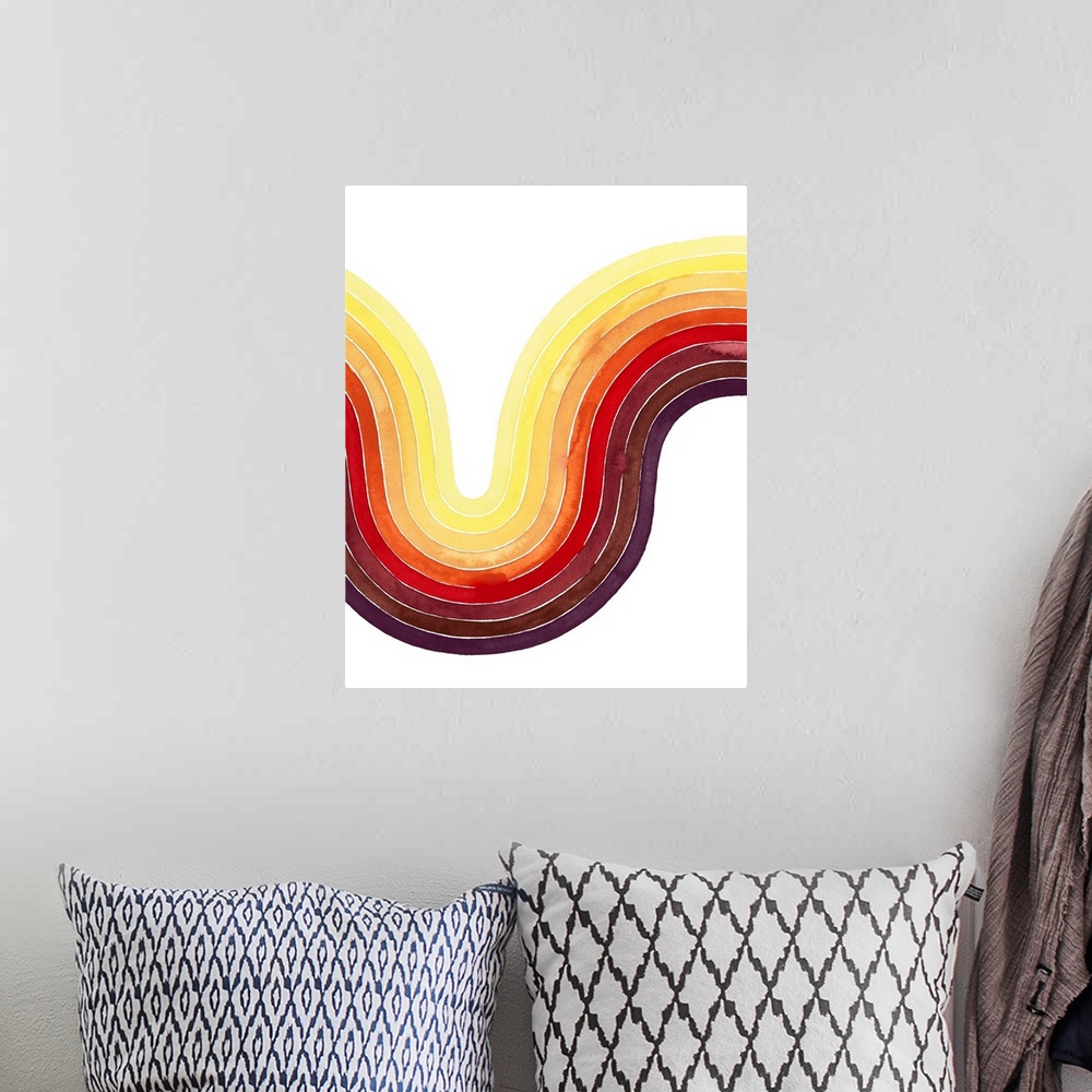 A bohemian room featuring Contemporary abstract watercolor painting of a curved shaped in warm tones from eggplant to daffo...
