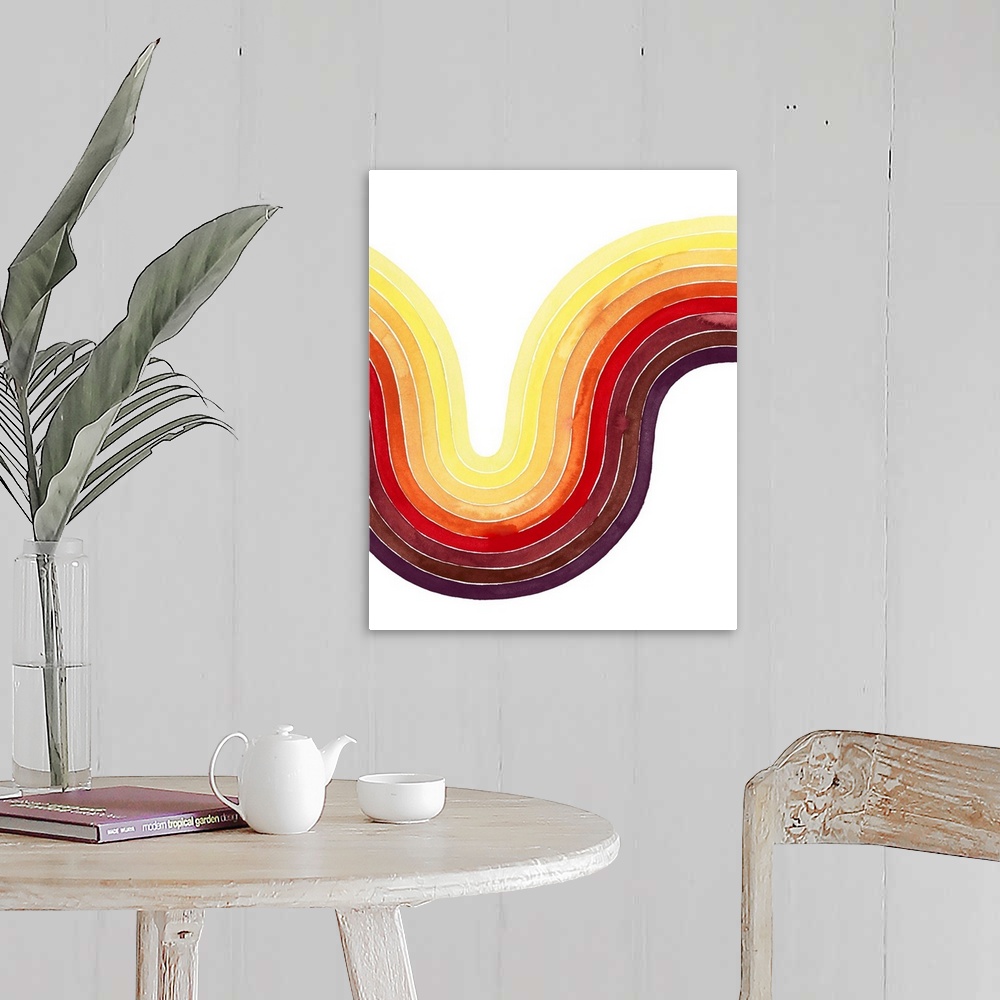 A farmhouse room featuring Contemporary abstract watercolor painting of a curved shaped in warm tones from eggplant to daffo...
