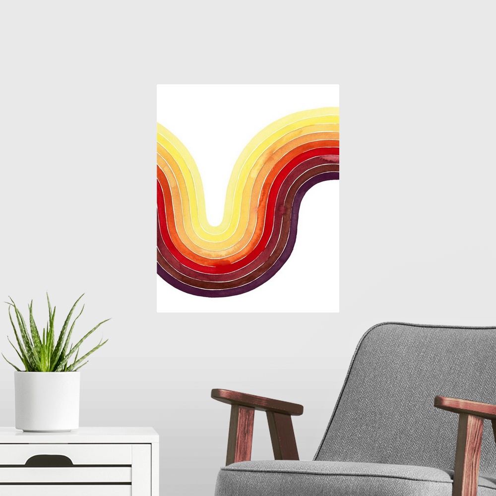 A modern room featuring Contemporary abstract watercolor painting of a curved shaped in warm tones from eggplant to daffo...