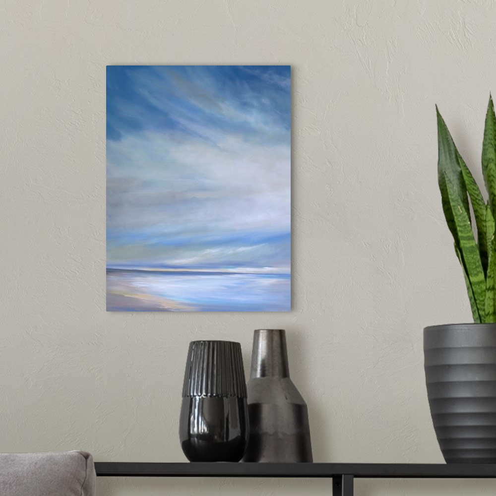 A modern room featuring Contemporary painting of a seascape with soft light streaming through the clouds.