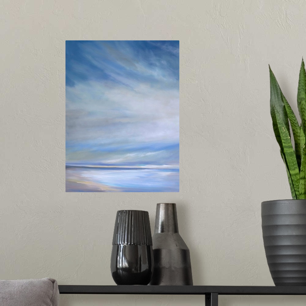 A modern room featuring Contemporary painting of a seascape with soft light streaming through the clouds.