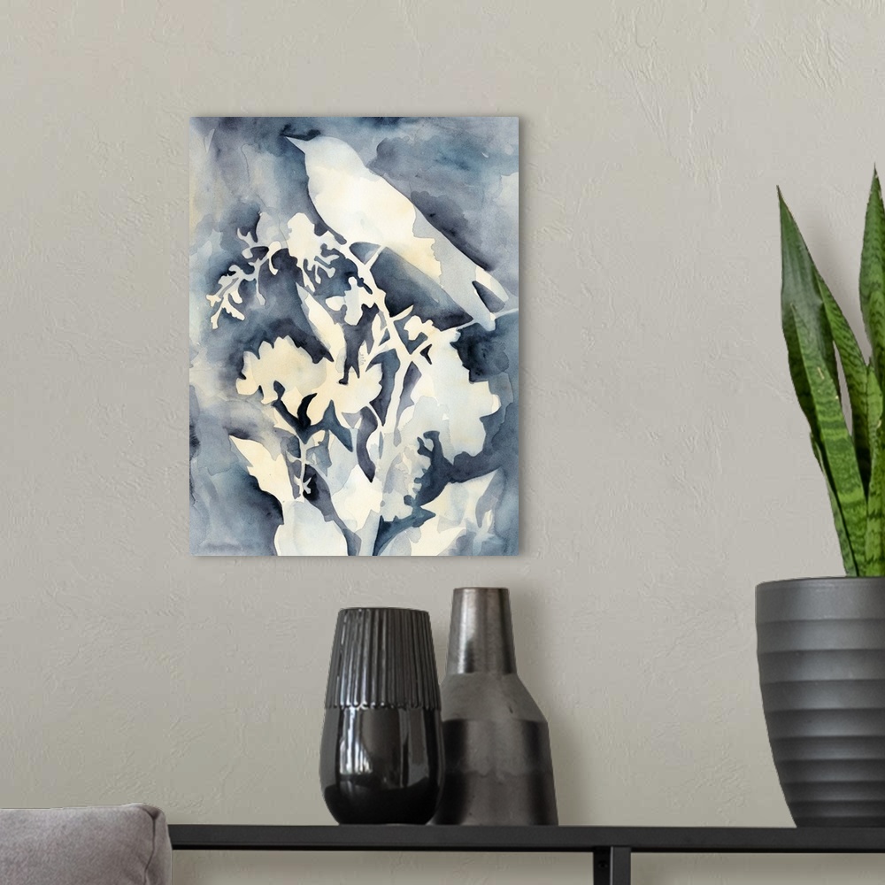A modern room featuring A light silhouette of a bird perched on a branch surrounded by dark blue watercolor.