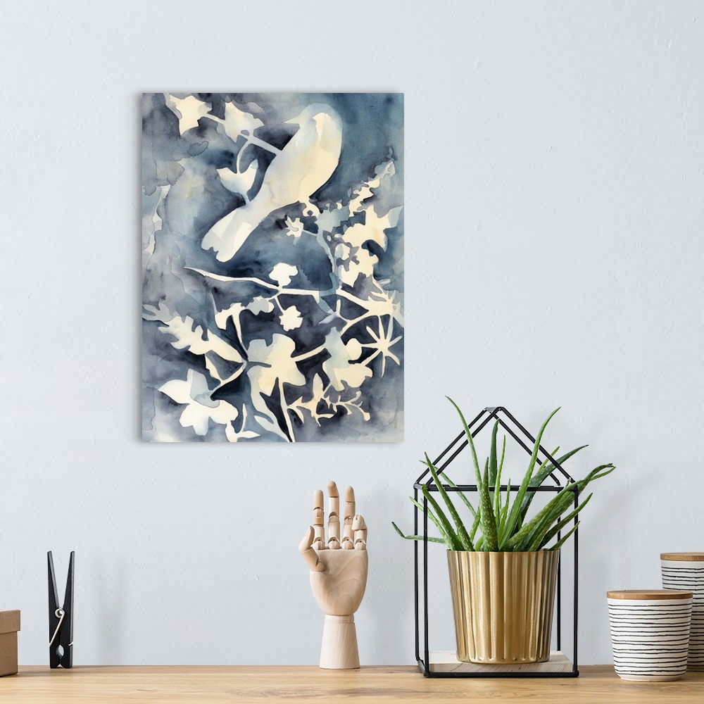 A bohemian room featuring A light silhouette of a bird perched on a branch surrounded by dark blue watercolor.