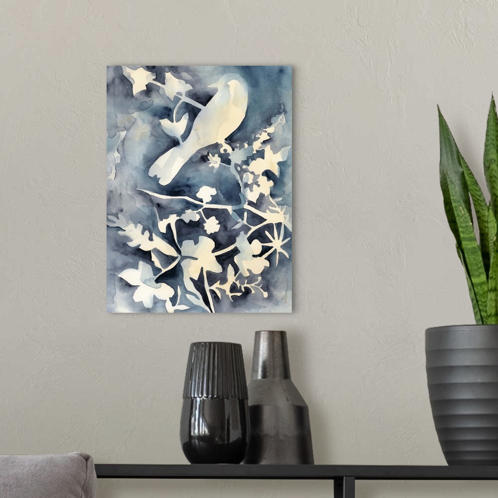 A modern room featuring A light silhouette of a bird perched on a branch surrounded by dark blue watercolor.