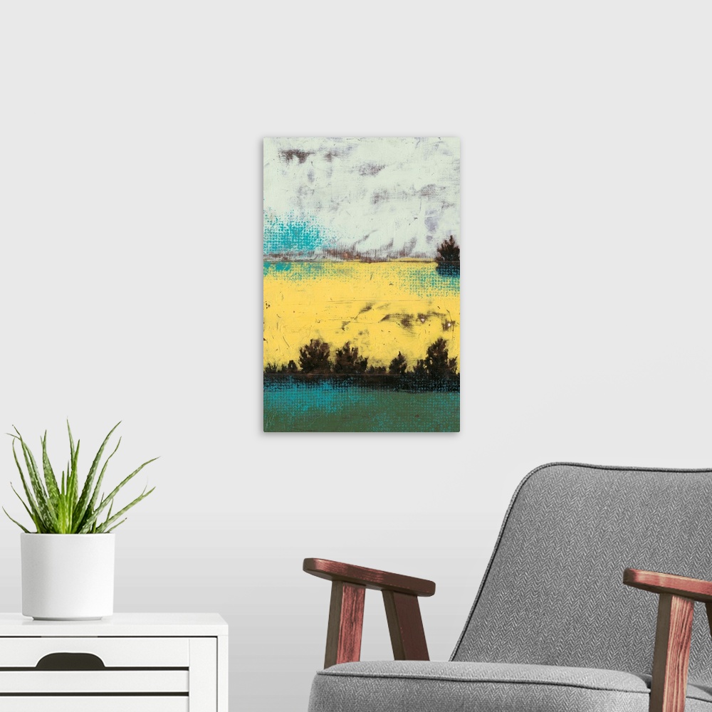 A modern room featuring Contemporary abstract painting resembling a landscape.