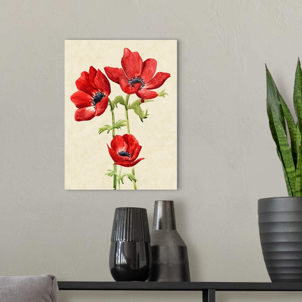 A modern room featuring Botanical art print of stunning red anemone flowers on a neutral background.