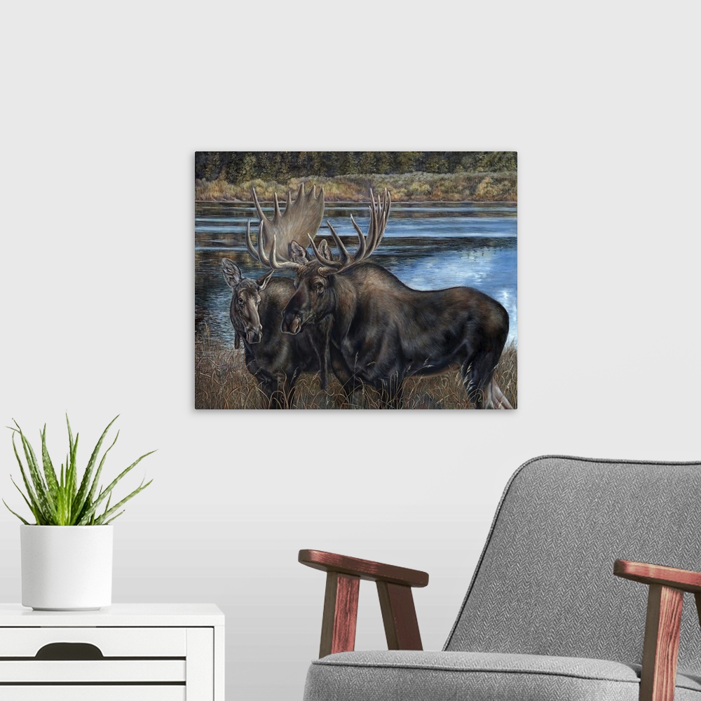 A modern room featuring Contemporary painting of a male and female moose beside a river.