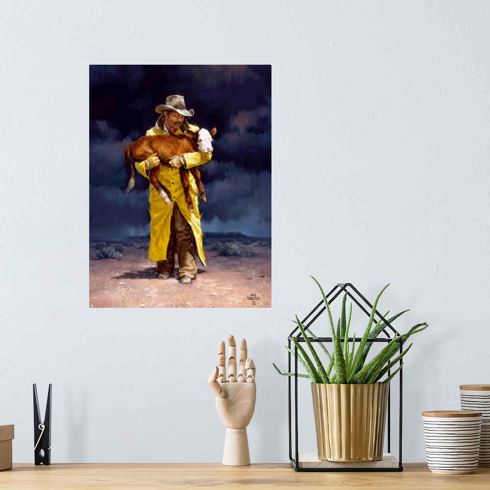 A bohemian room featuring Contemporary Western artwork of a cowboy holding a young calf.