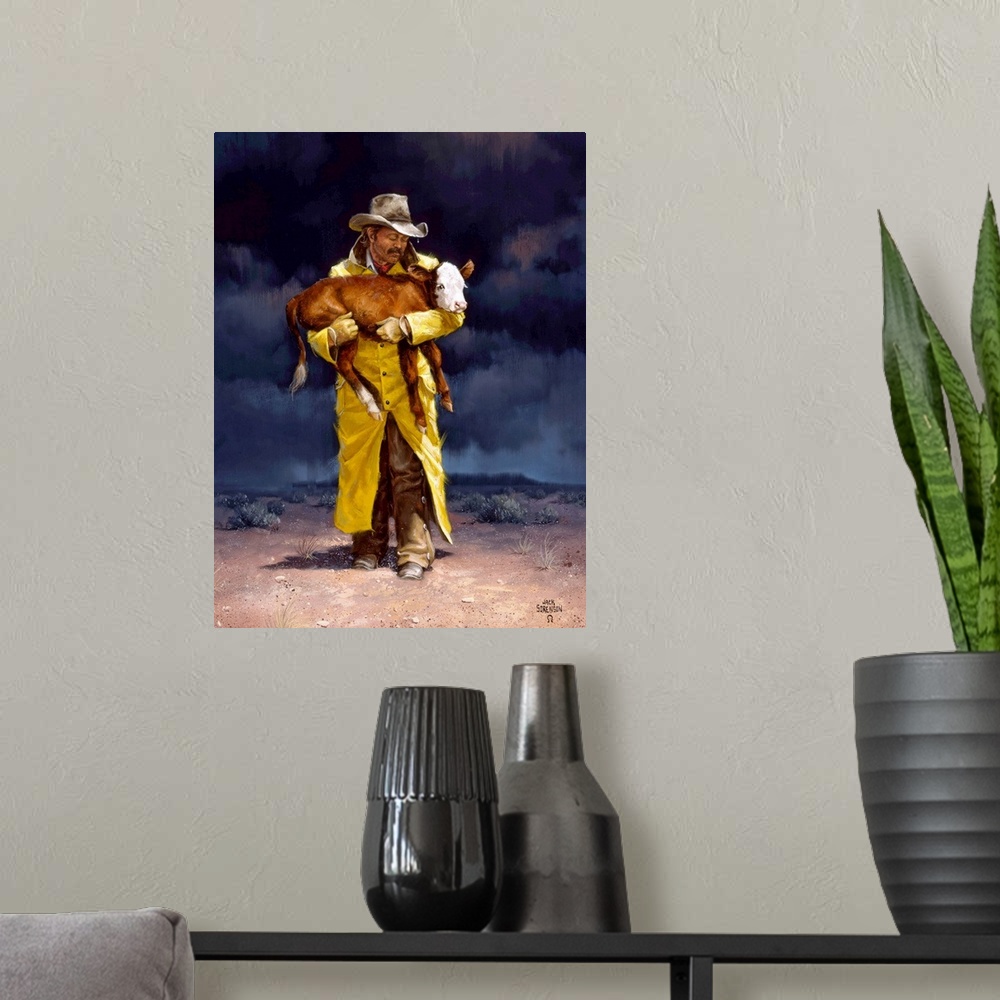 A modern room featuring Contemporary Western artwork of a cowboy holding a young calf.