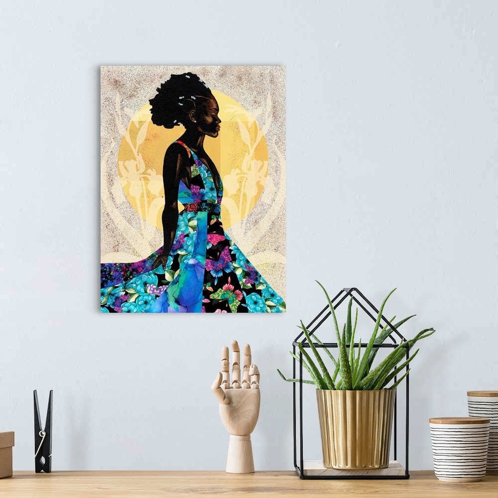 A bohemian room featuring A stunning contemporary portrait of a Black woman in a blue floral dress against a neutral colore...