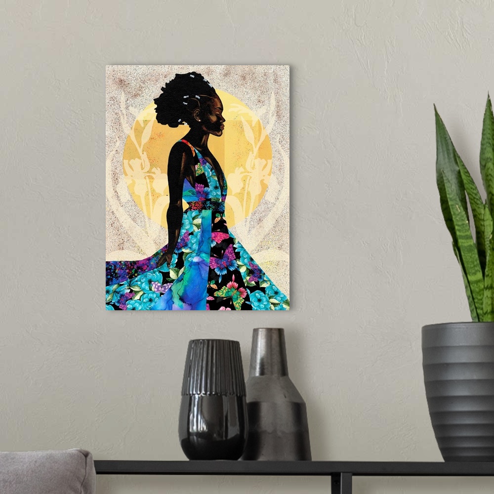 A modern room featuring A stunning contemporary portrait of a Black woman in a blue floral dress against a neutral colore...