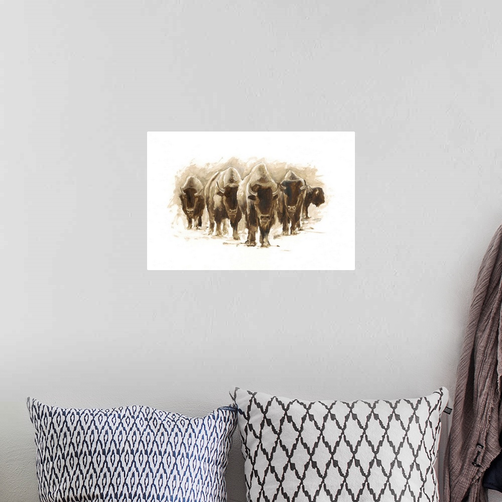 A bohemian room featuring Contemporary painting of a heard of bison.