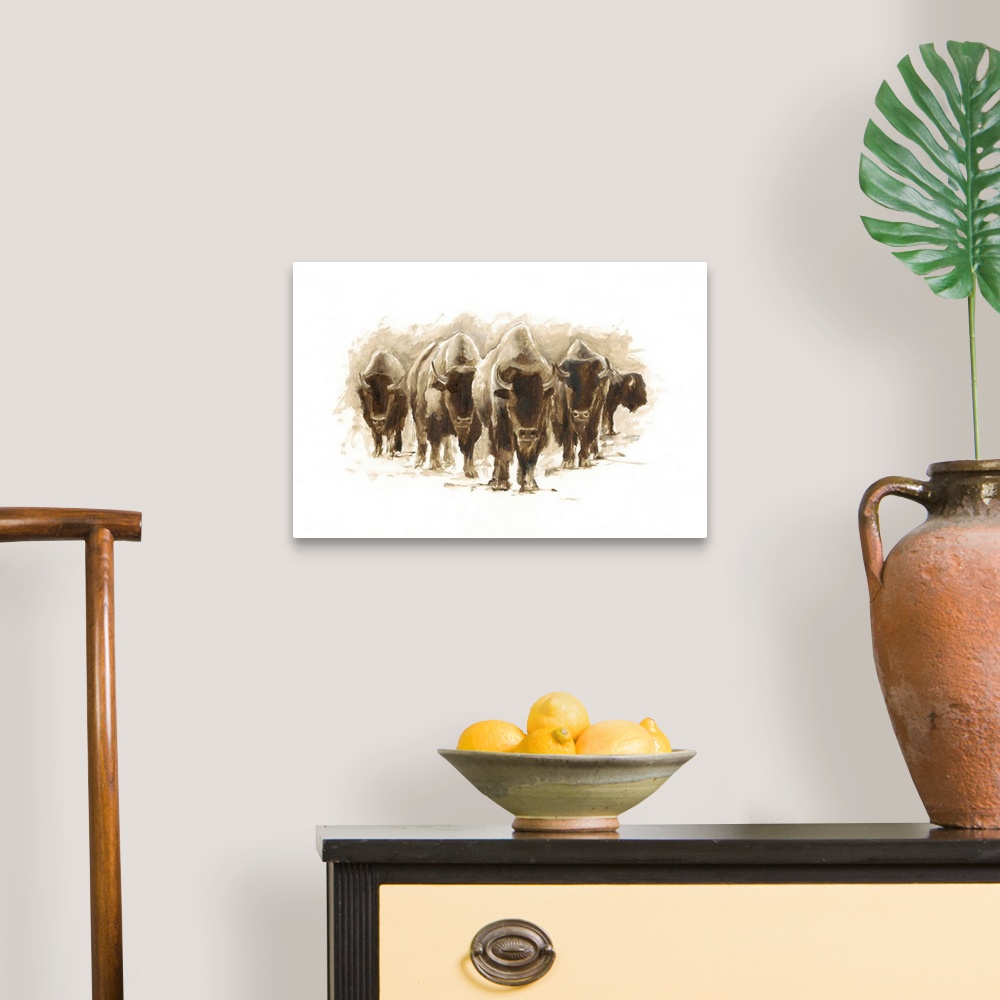 A traditional room featuring Contemporary painting of a heard of bison.