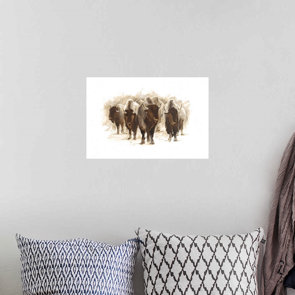 A bohemian room featuring Contemporary painting of a heard of bison.