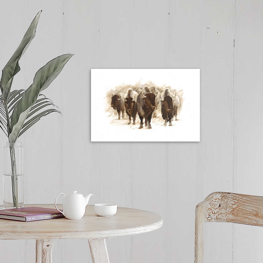 A farmhouse room featuring Contemporary painting of a heard of bison.