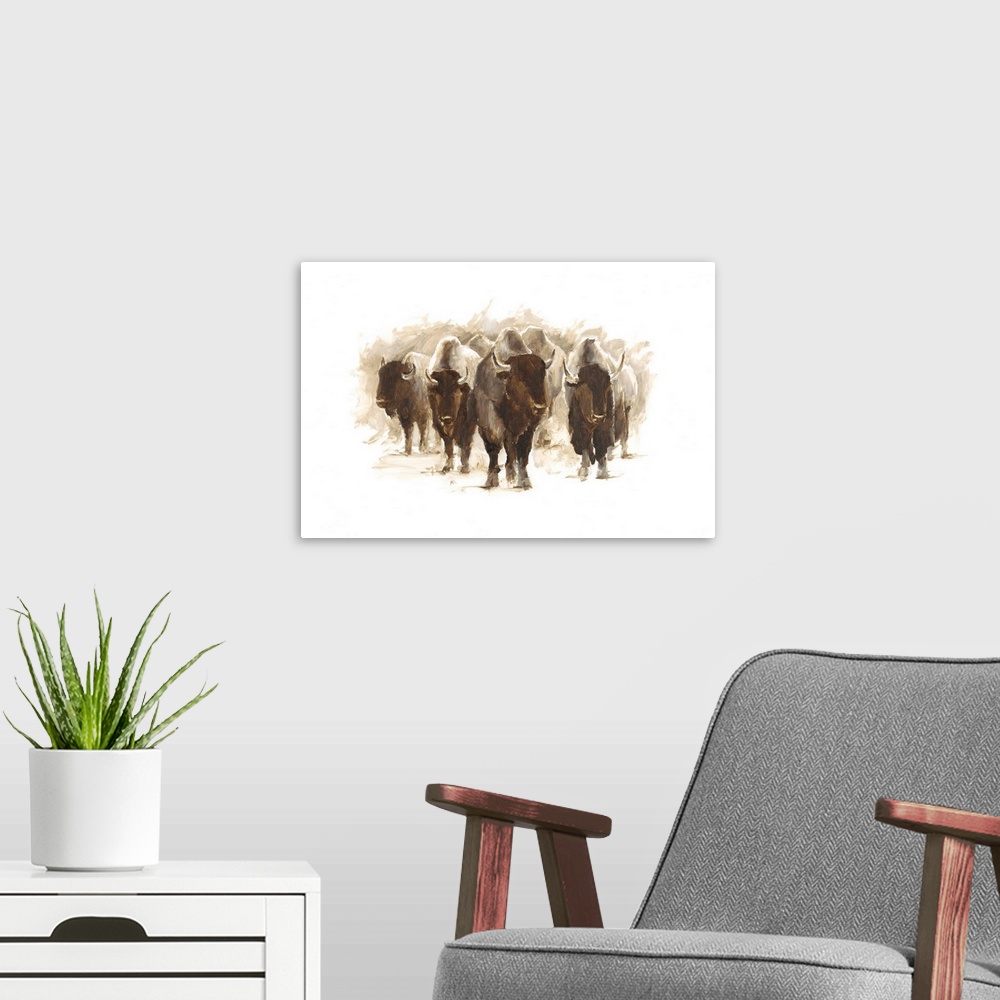 A modern room featuring Contemporary painting of a heard of bison.