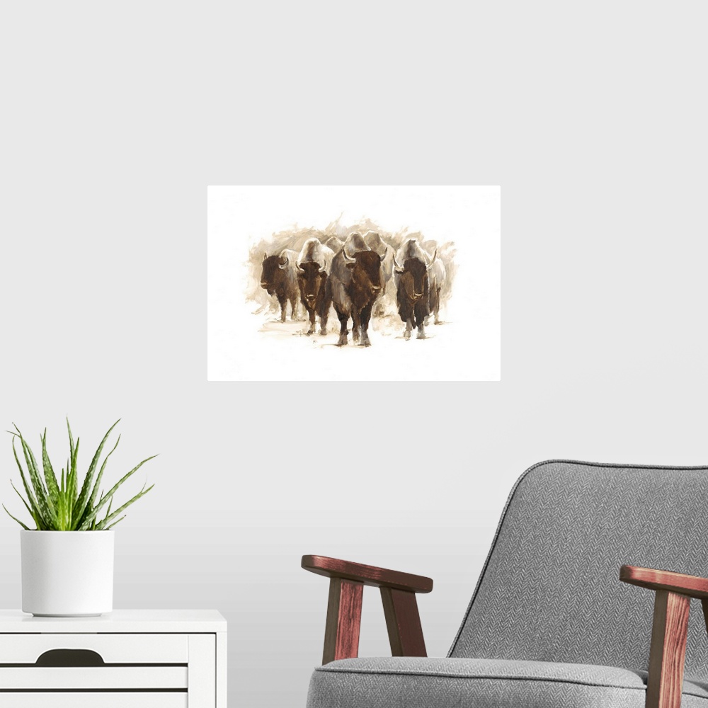 A modern room featuring Contemporary painting of a heard of bison.