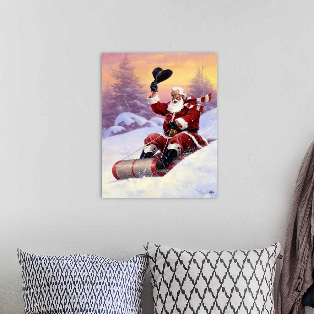 A bohemian room featuring A whimsical yet traditional painting of Father Christmas riding downhill on a sled and waving his...