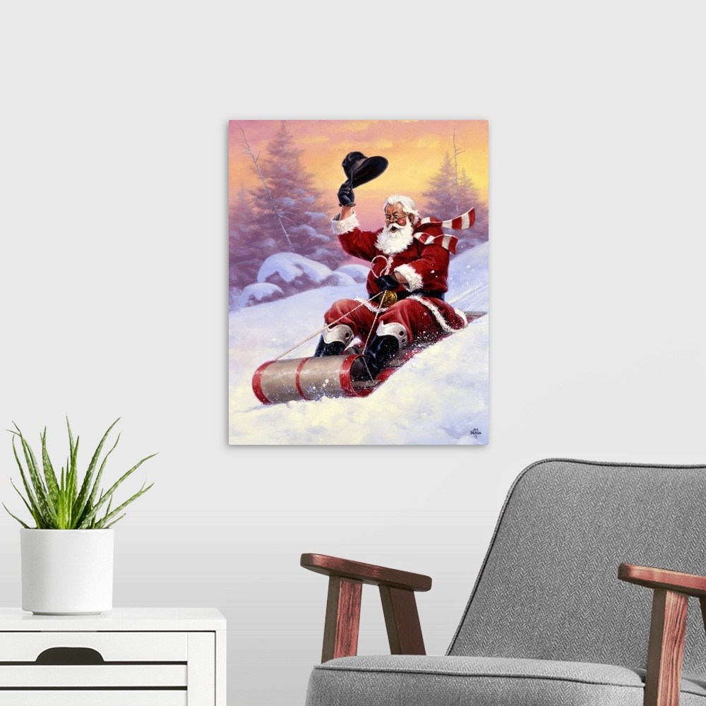 A modern room featuring A whimsical yet traditional painting of Father Christmas riding downhill on a sled and waving his...