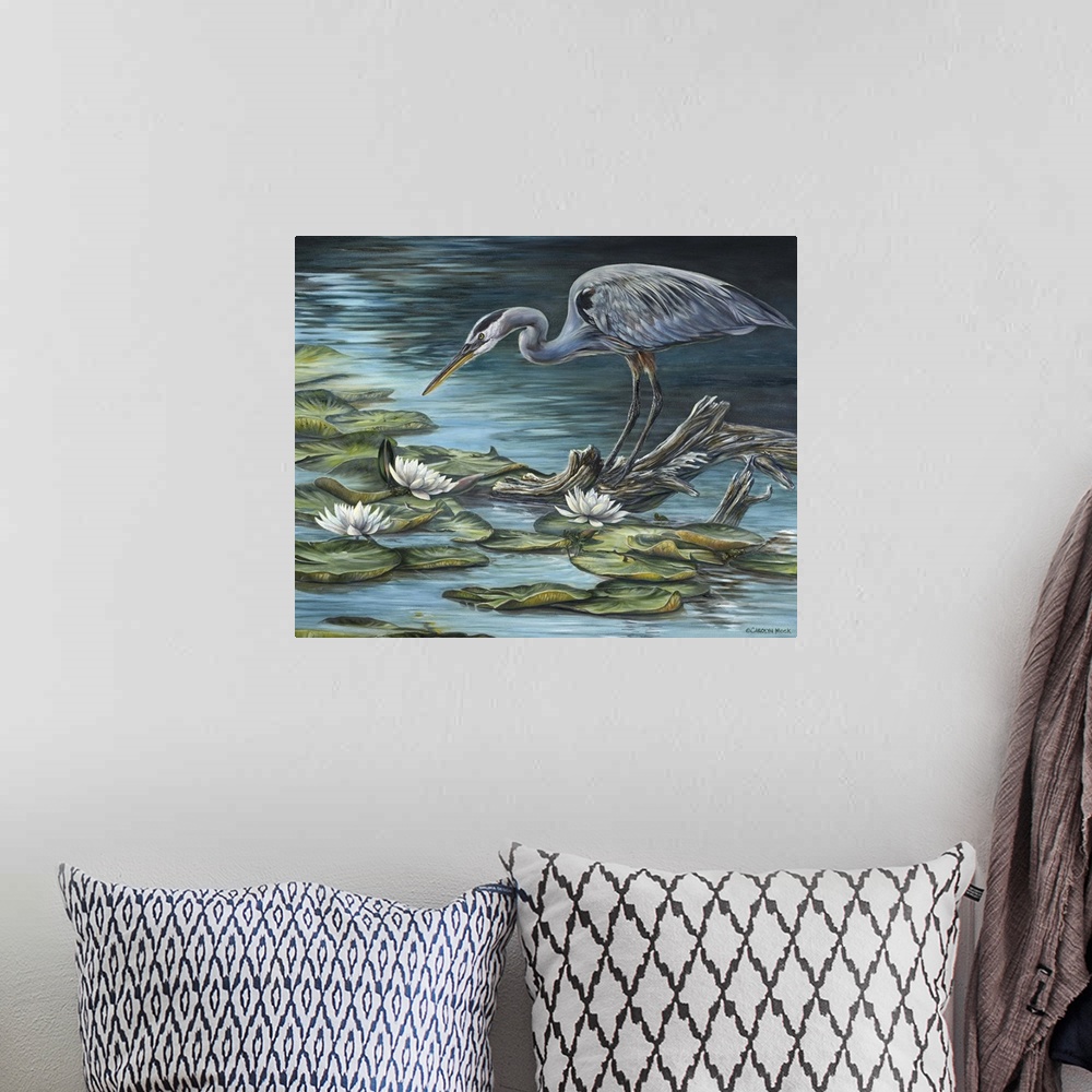 A bohemian room featuring Contemporary painting of a heron standing on a piece of dead wood in a pond.
