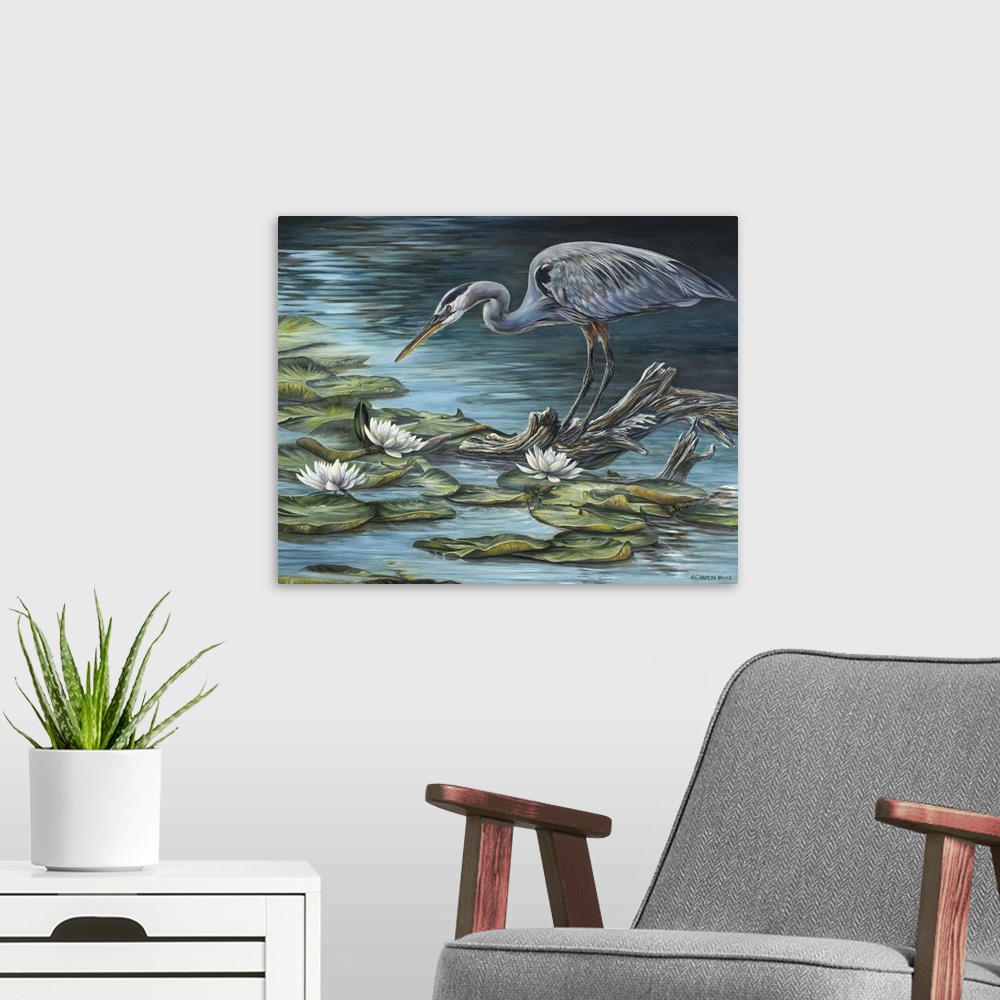 A modern room featuring Contemporary painting of a heron standing on a piece of dead wood in a pond.