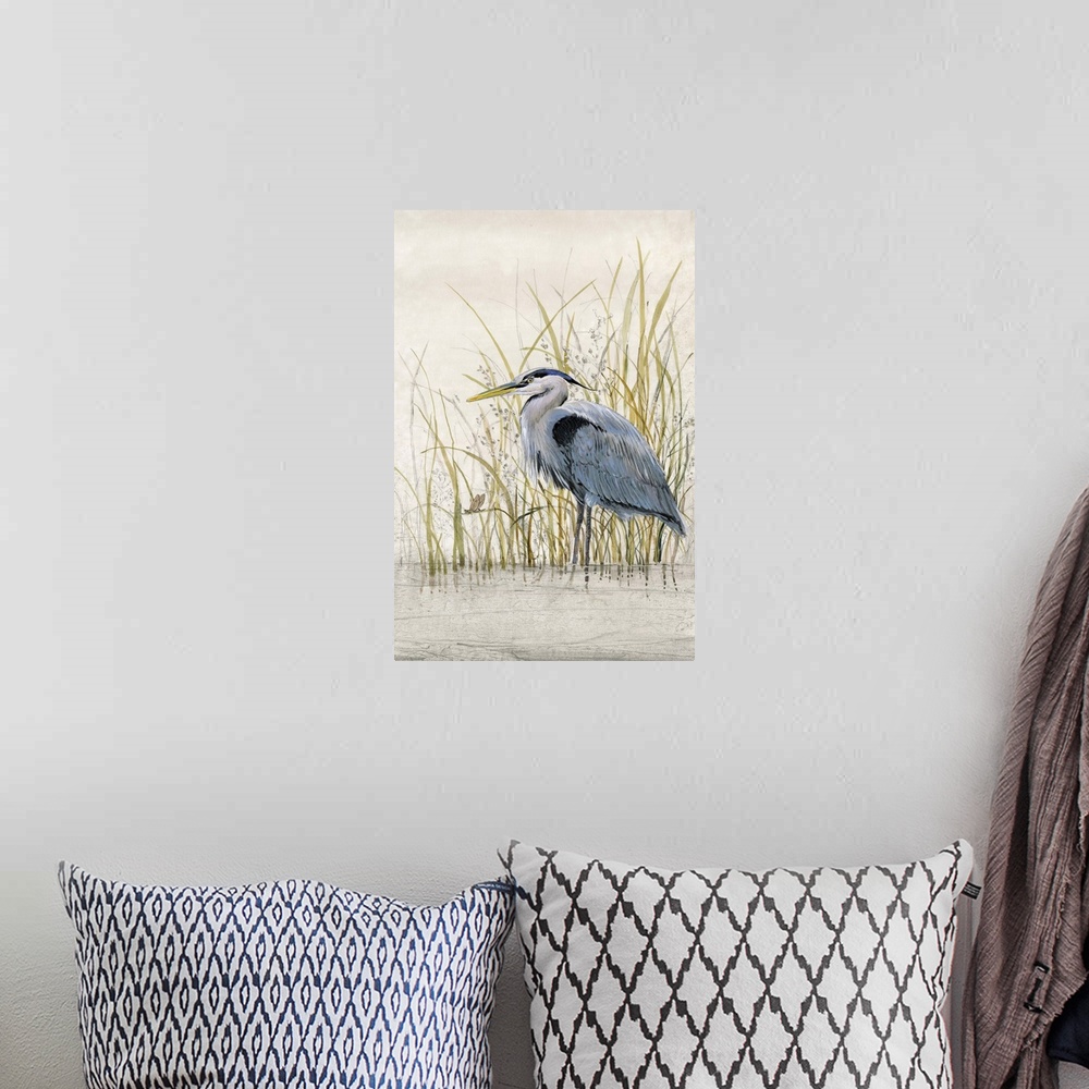 A bohemian room featuring Contemporary artwork of a heron standing in shallow water among tall grass.