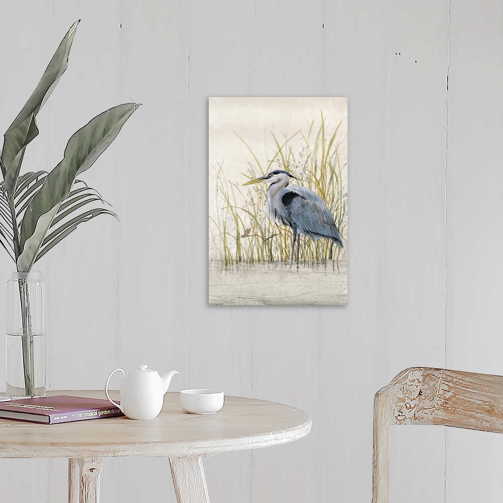 A farmhouse room featuring Contemporary artwork of a heron standing in shallow water among tall grass.