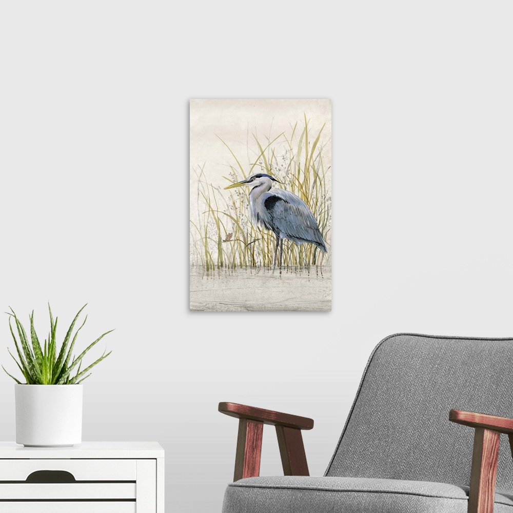 A modern room featuring Contemporary artwork of a heron standing in shallow water among tall grass.