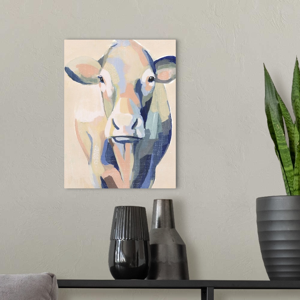 A modern room featuring Contemporary portrait of a cow in pink and blue.