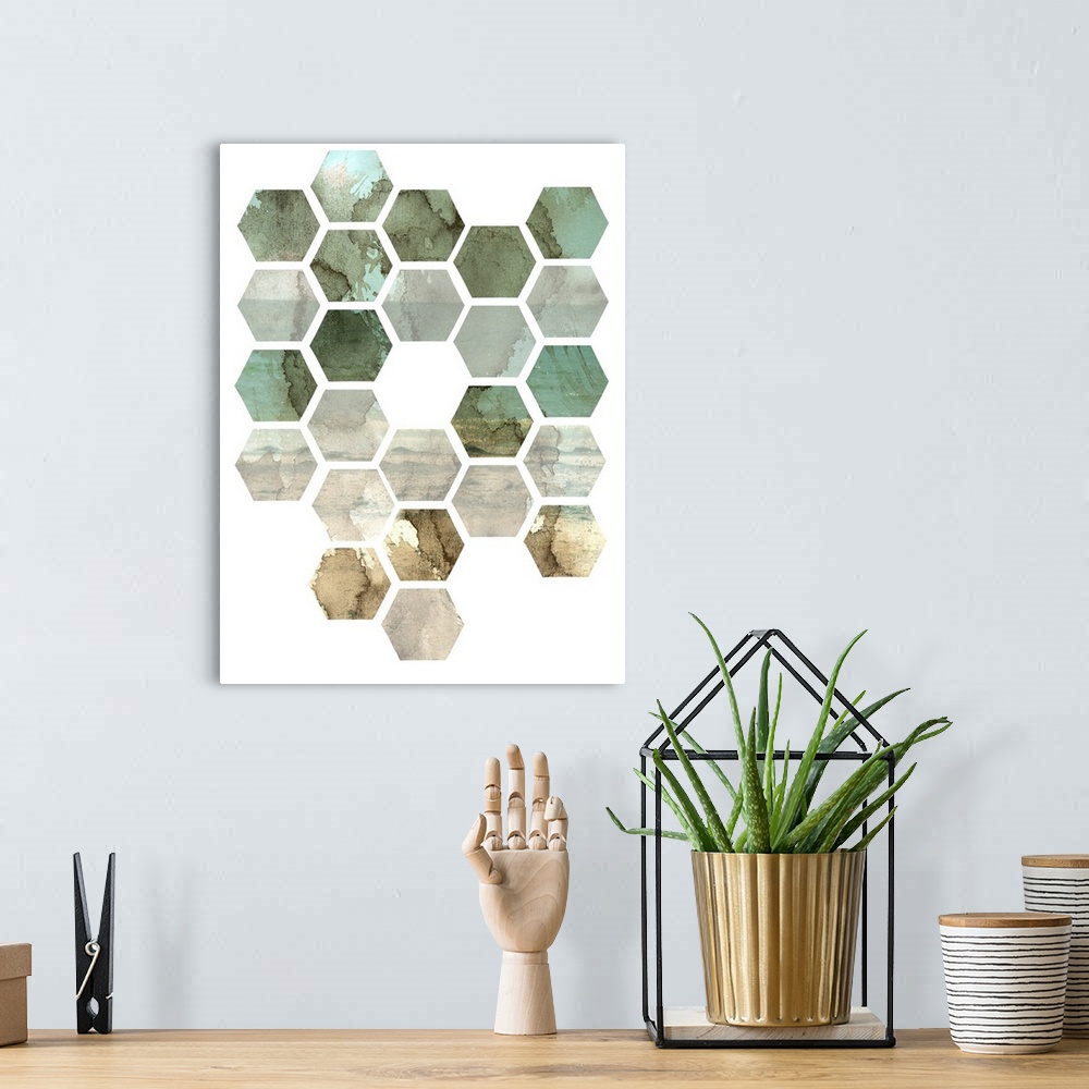 A bohemian room featuring Contemporary artwork of a hexagon hive pattern against a white background with abstract imagery w...