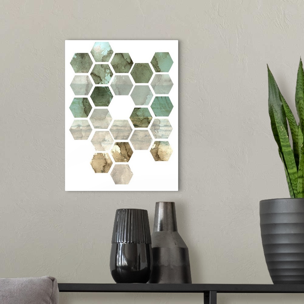 A modern room featuring Contemporary artwork of a hexagon hive pattern against a white background with abstract imagery w...