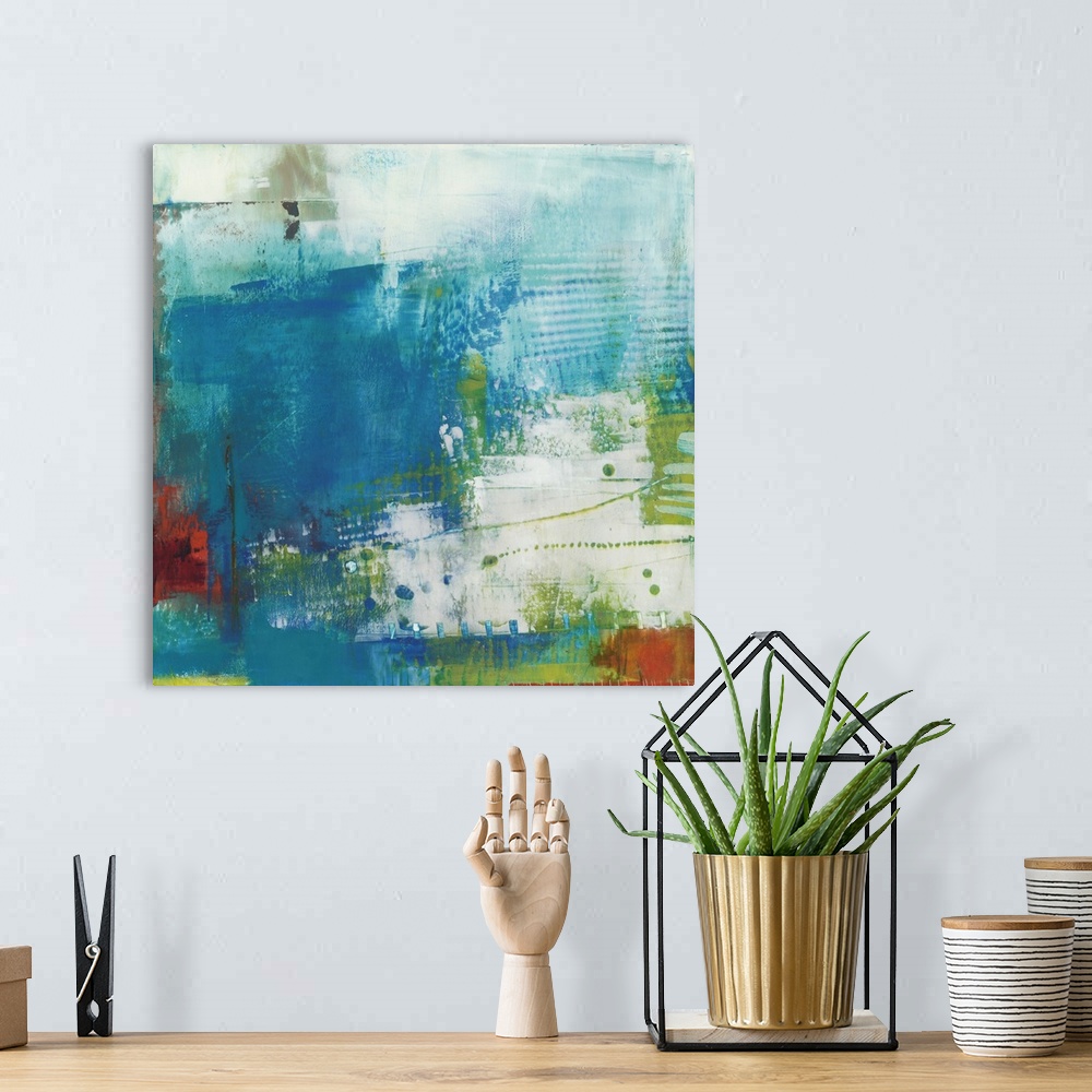 A bohemian room featuring Abstract contemporary painting in cool shades of deep blue and green.