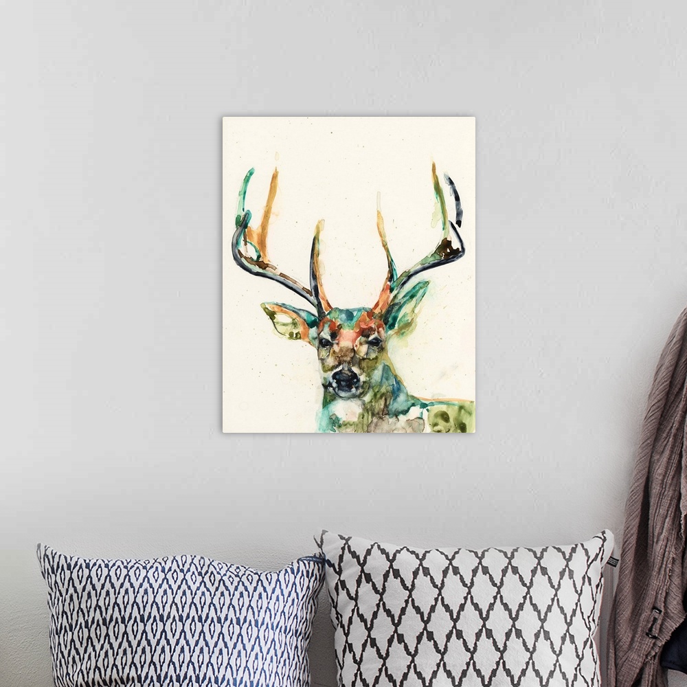 A bohemian room featuring Watercolor portrait of a deer in a variety of bright colors.