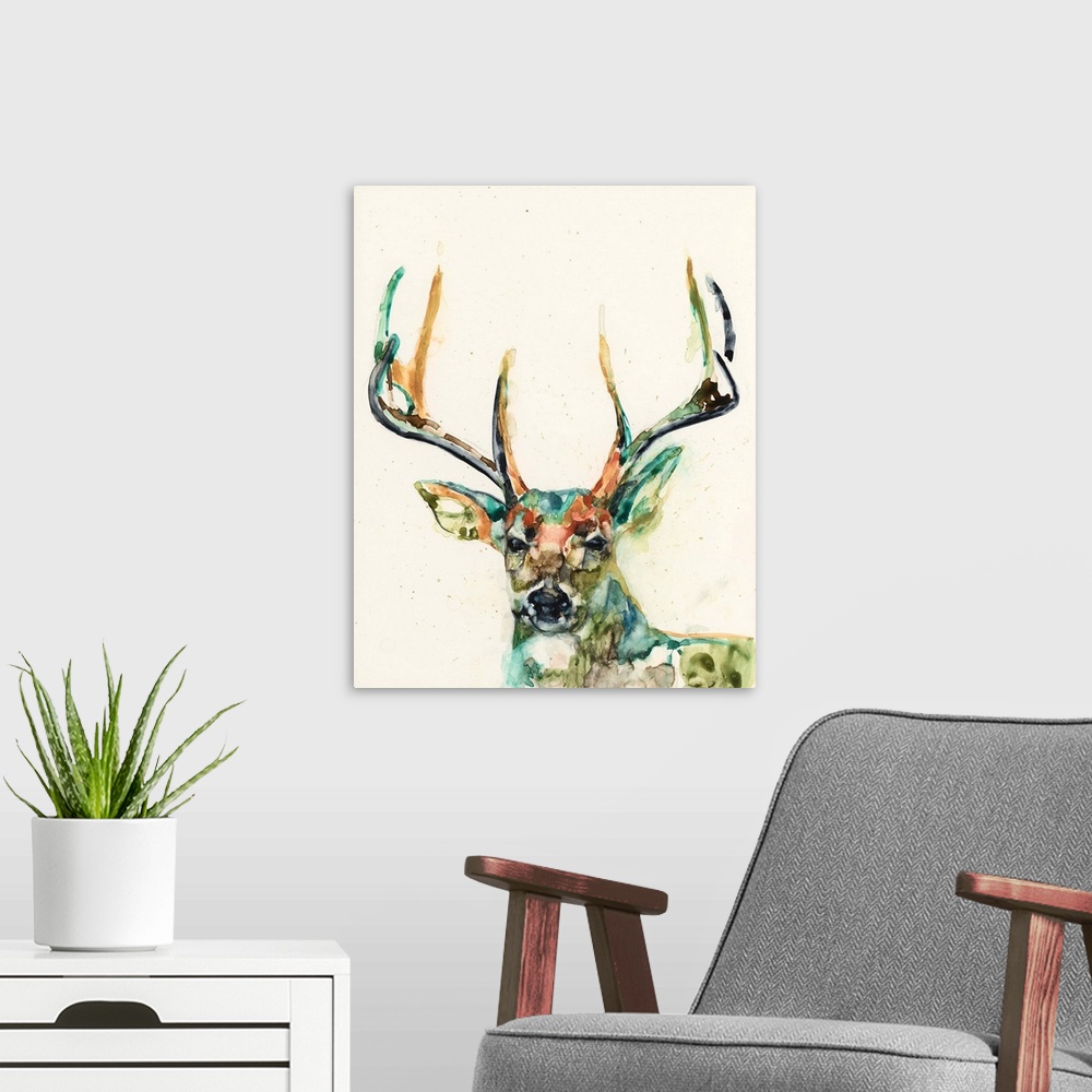 A modern room featuring Watercolor portrait of a deer in a variety of bright colors.
