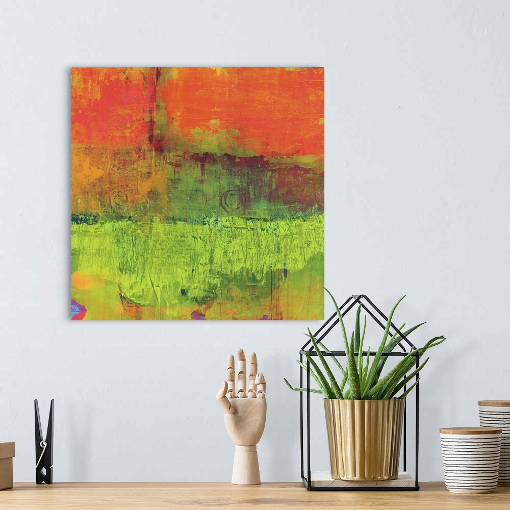 A bohemian room featuring Super bright abstract artwork in almost neon shades.