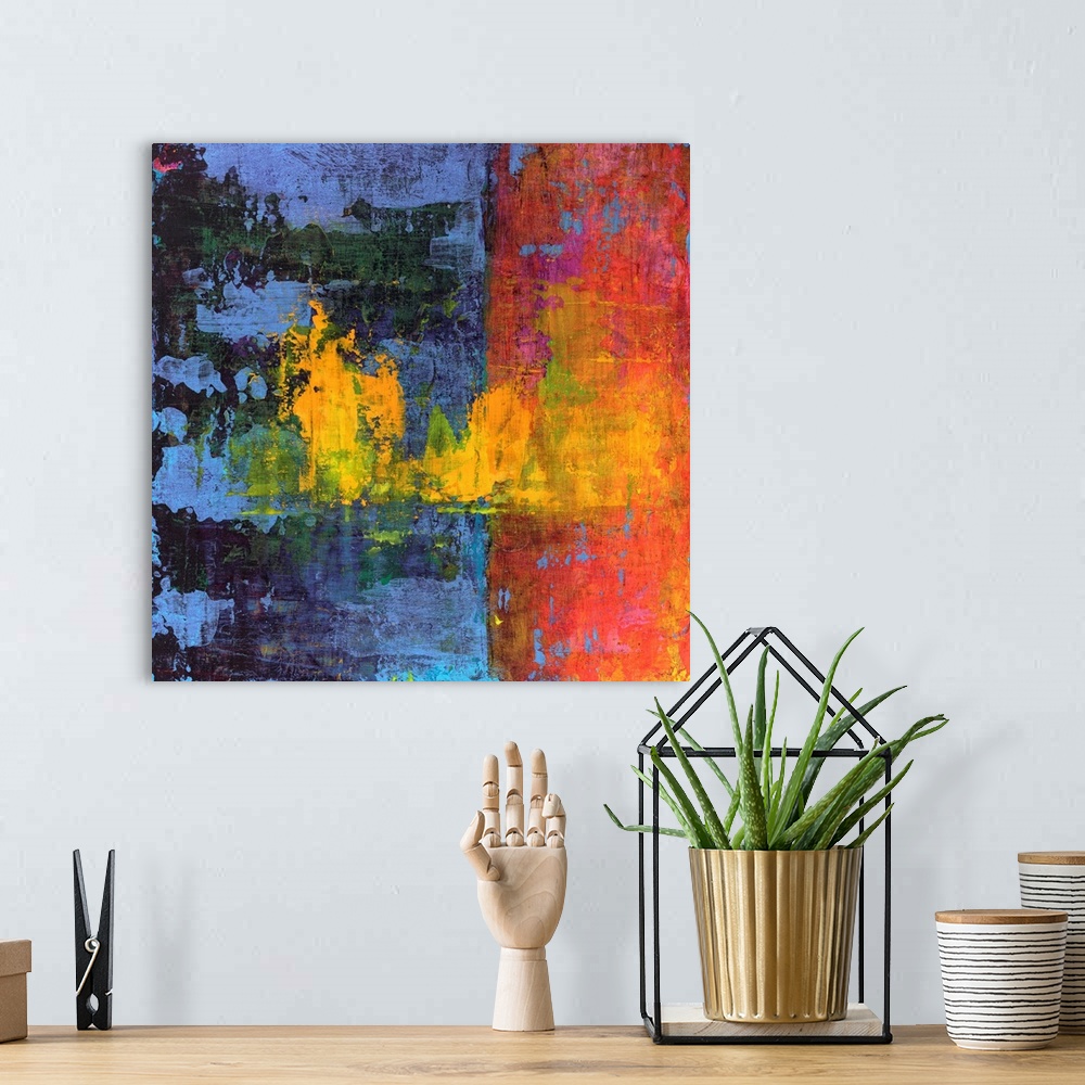 A bohemian room featuring Super bright abstract artwork in almost neon shades.