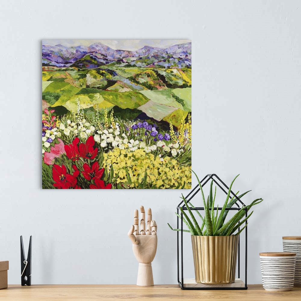 A bohemian room featuring Contemporary painting of a country landscape with lots of colorful flowers and fields of growing ...