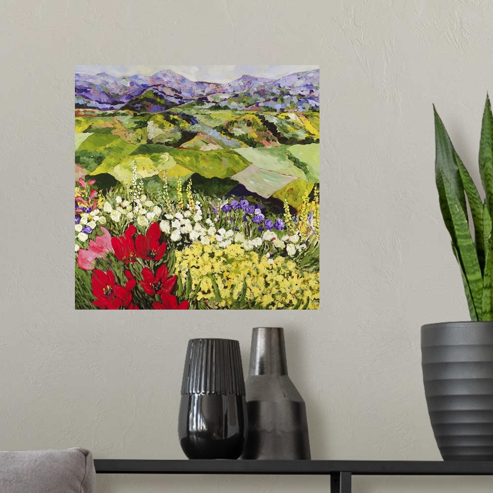 A modern room featuring Contemporary painting of a country landscape with lots of colorful flowers and fields of growing ...