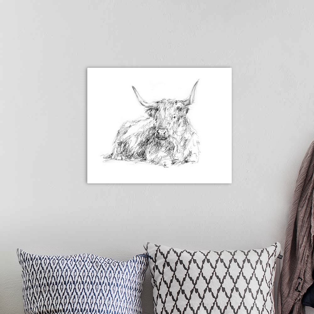 A bohemian room featuring Highland Cattle Sketch I