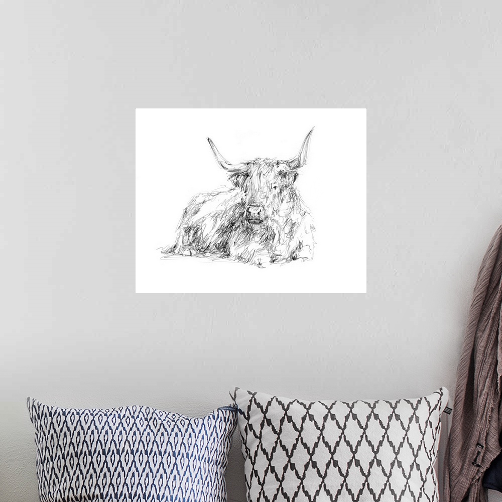 A bohemian room featuring Highland Cattle Sketch I