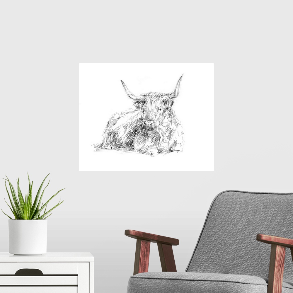 A modern room featuring Highland Cattle Sketch I