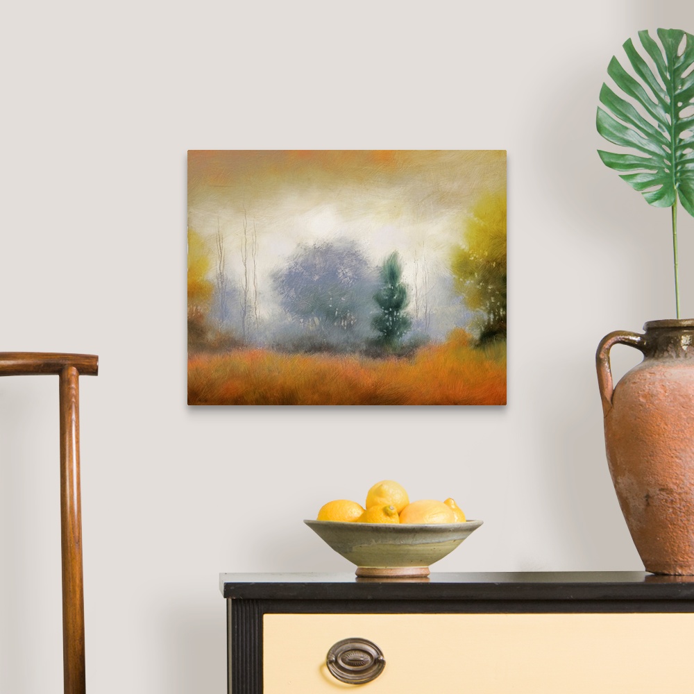 A traditional room featuring Dreamy painting of a misty forest in the fall.