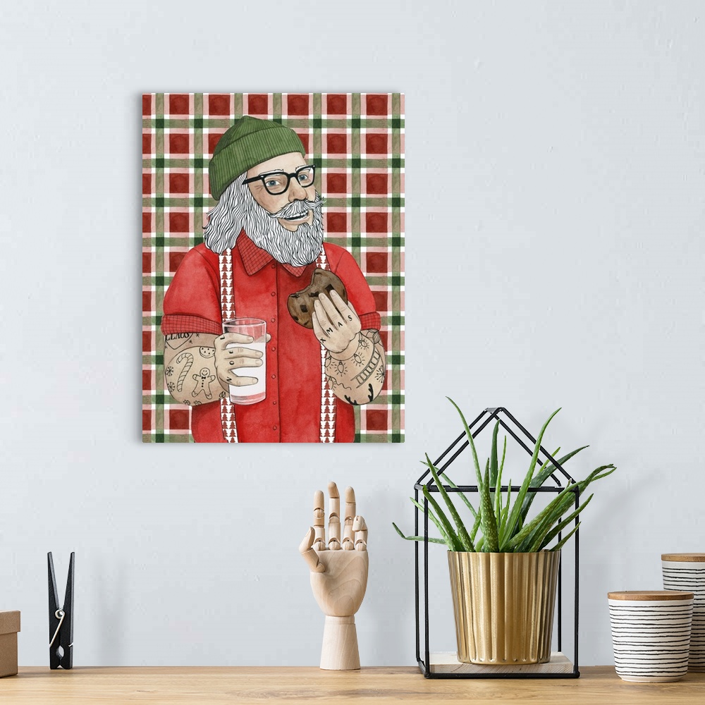 A bohemian room featuring Fun and contemporary Christmas decor of a hipster Santa Claus covered in tattoos eating a cookie ...