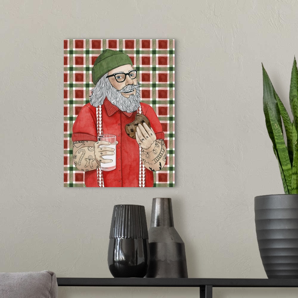 A modern room featuring Fun and contemporary Christmas decor of a hipster Santa Claus covered in tattoos eating a cookie ...