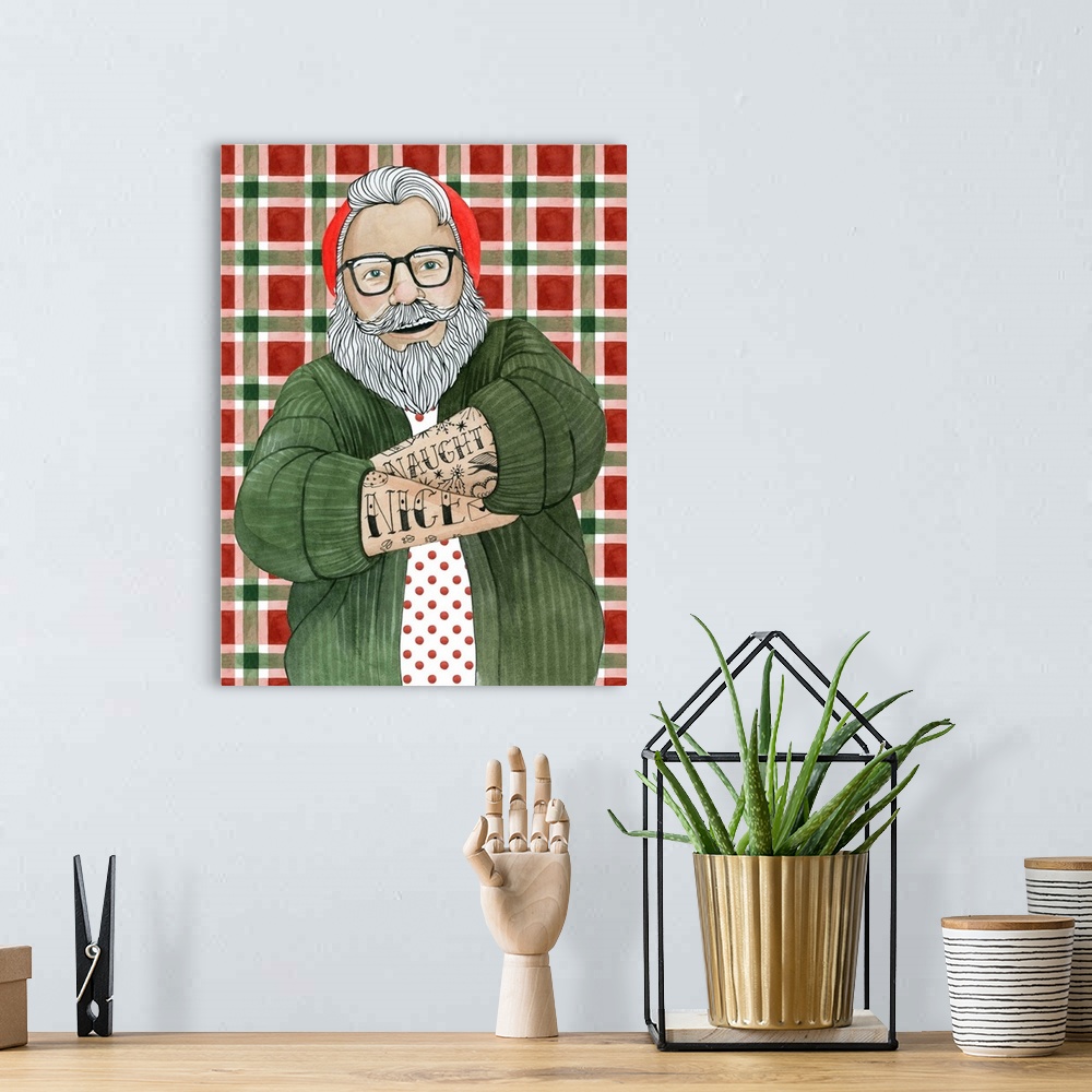 A bohemian room featuring Fun and contemporary Christmas decor of a hipster Santa Claus covered in tattoos wearing glasses ...